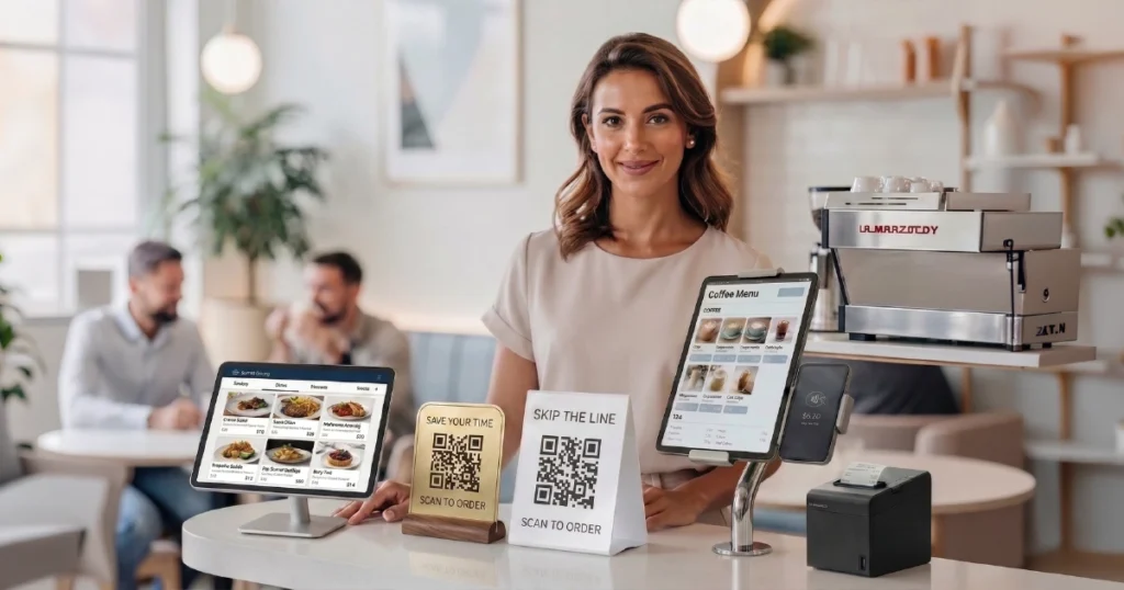 Digital ordering system for restaurants shown across QR menu, tablet ordering, and self-service kiosk channels