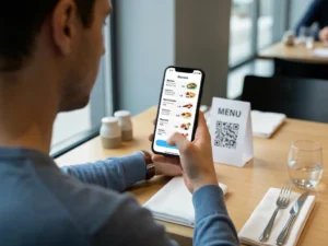 QR menu for restaurants with guests browsing and ordering from phones at the table