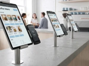 Tablet kiosk for takeaway restaurant with self-service ordering on iPad devices