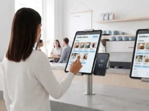 Customer using tablet kiosk in restaurant to self-service order and payment