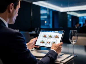 Tablet ordering system showing guests browsing menu, customizing dishes, and placing order in restaurant
