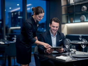 Restaurant guests picking up a tablet menu device to browse digital menu in a dine-in setting