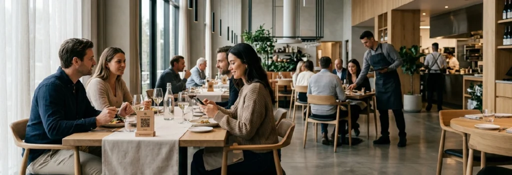 Guests using digital table ordering in a busy modern restaurant