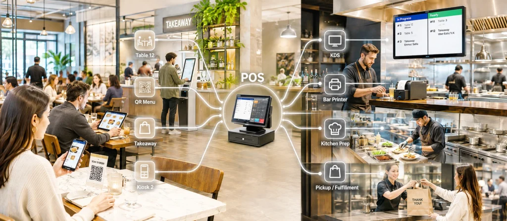 Restaurant order routing from QR, tablet, and kiosk channels through the POS to kitchen, KDS, bar, and fulfillment workflows